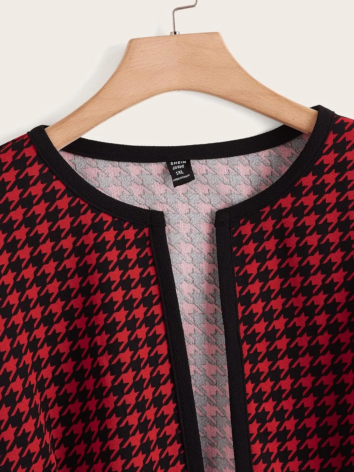 WDIRARA Women's Plus Size Houndstooth Open Front Long Sleeve Jacket Outerwear