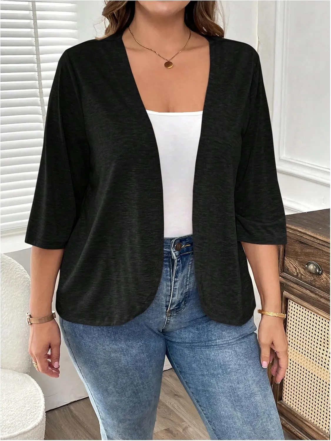 WDIRARA Women's Plus Size Open Front Cardigan Lightweight 3/4 Sleeve Outerwear
