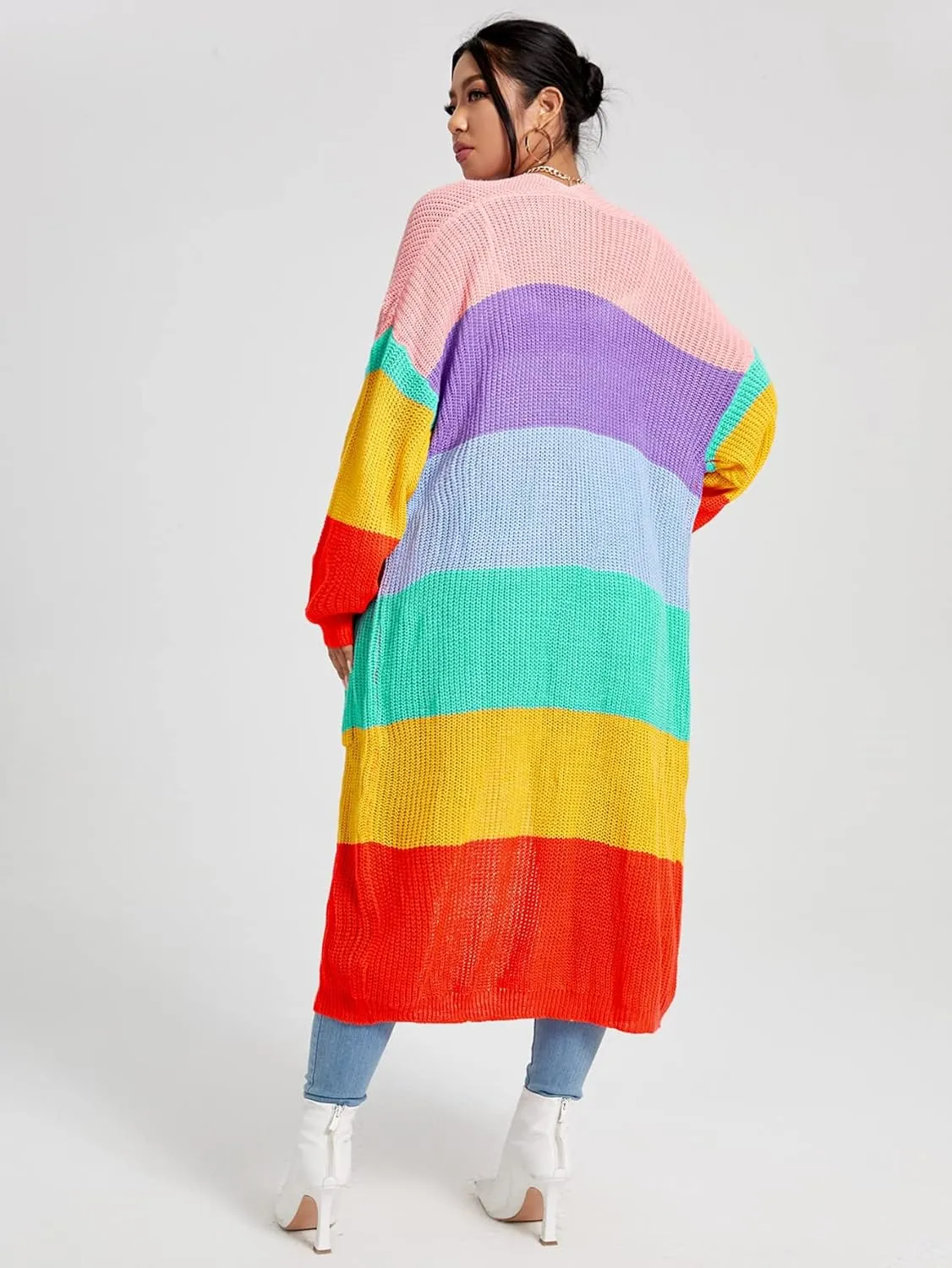 WDIRARA Women's Plus Size Rainbow Stripes Drop Shoulder Long Sleeve Casual Cardigan Sweaters