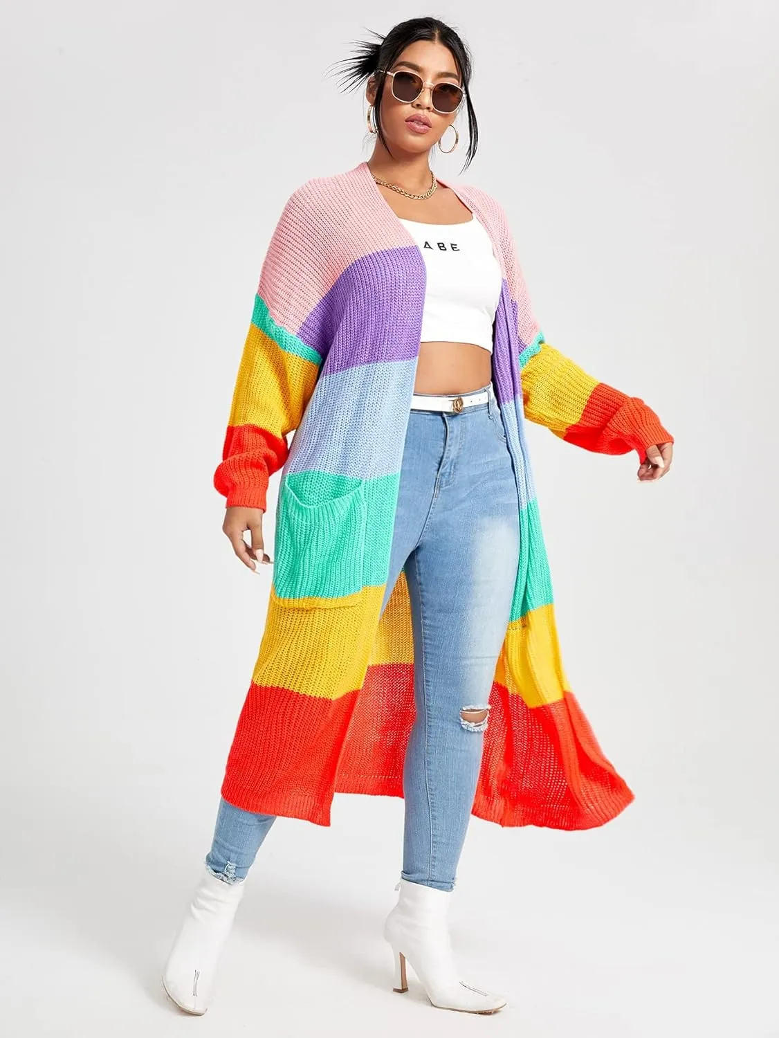 WDIRARA Women's Plus Size Rainbow Stripes Drop Shoulder Long Sleeve Casual Cardigan Sweaters