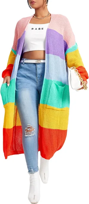 WDIRARA Women's Plus Size Rainbow Stripes Drop Shoulder Long Sleeve Casual Cardigan Sweaters