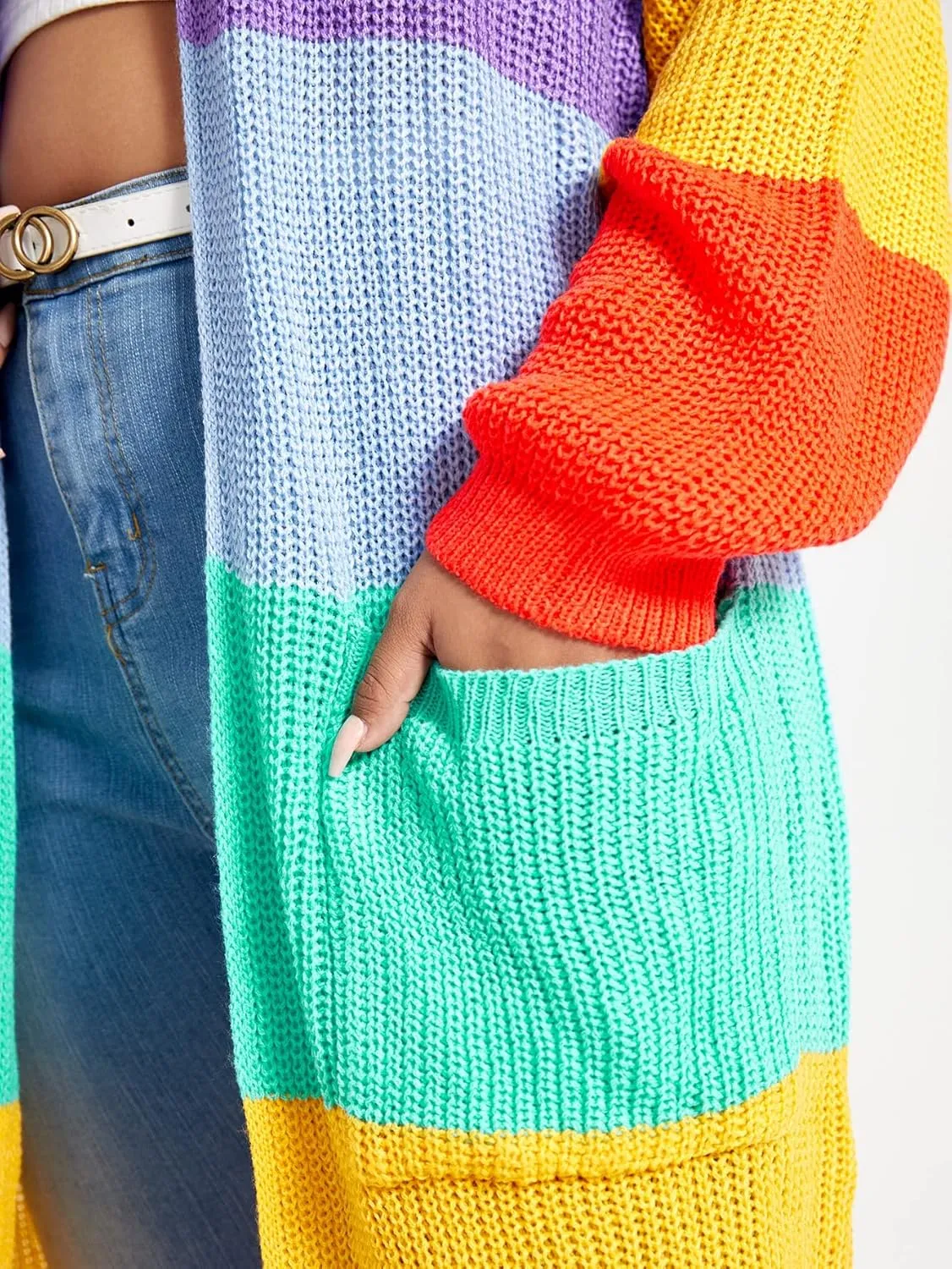 WDIRARA Women's Plus Size Rainbow Stripes Drop Shoulder Long Sleeve Casual Cardigan Sweaters