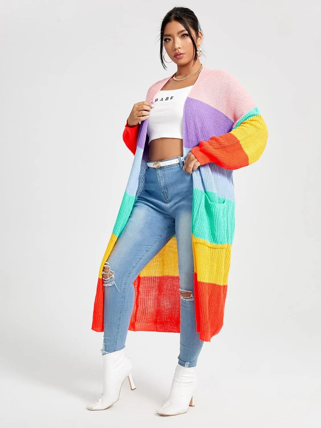 WDIRARA Women's Plus Size Rainbow Stripes Drop Shoulder Long Sleeve Casual Cardigan Sweaters