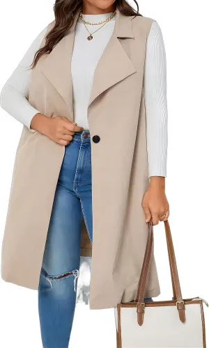 WDIRARA Women's Plus Size Single Button Vest Coat Lapel Neck Sleeveless Elegant Outerwear Coats