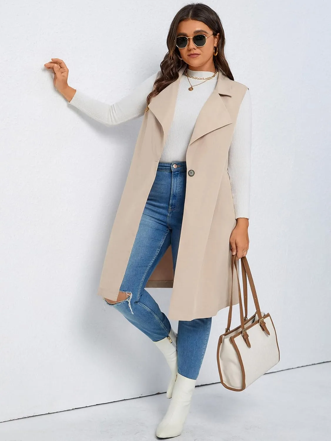 WDIRARA Women's Plus Size Single Button Vest Coat Lapel Neck Sleeveless Elegant Outerwear Coats