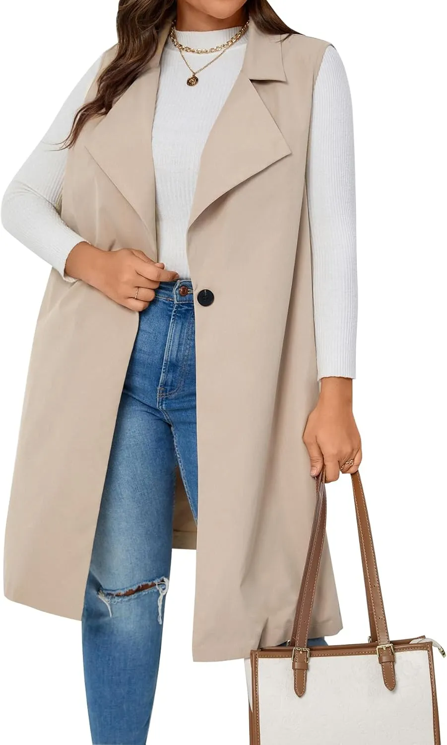 WDIRARA Women's Plus Size Single Button Vest Coat Lapel Neck Sleeveless Elegant Outerwear Coats