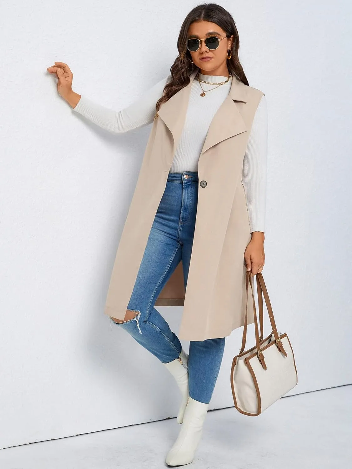 WDIRARA Women's Plus Size Single Button Vest Coat Lapel Neck Sleeveless Elegant Outerwear Coats