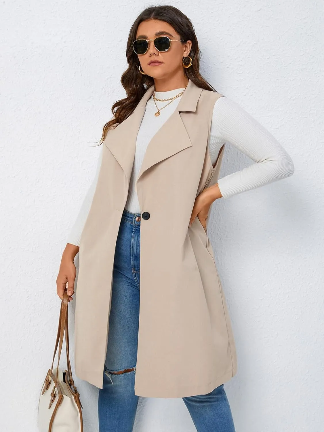 WDIRARA Women's Plus Size Single Button Vest Coat Lapel Neck Sleeveless Elegant Outerwear Coats
