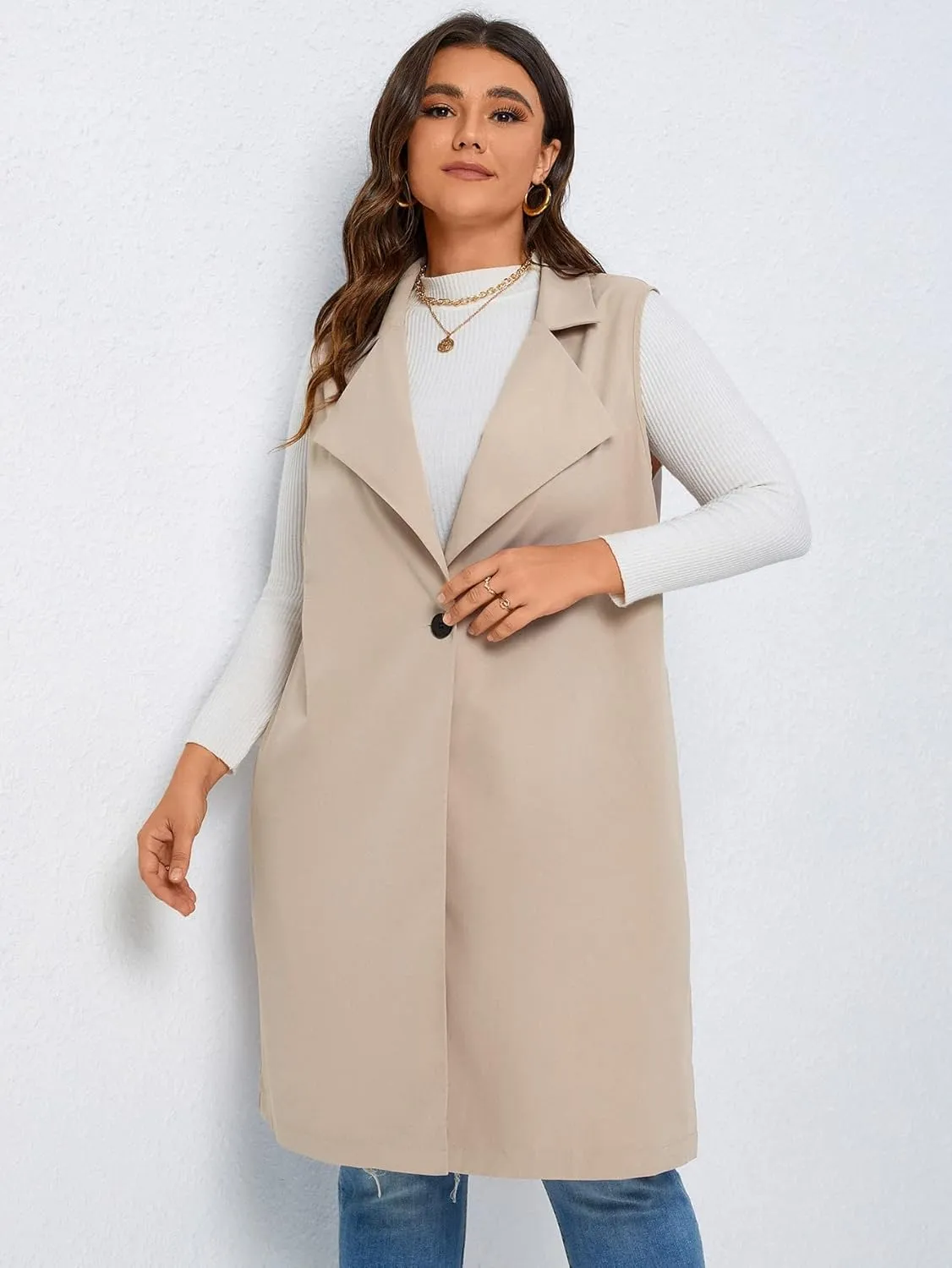 WDIRARA Women's Plus Size Single Button Vest Coat Lapel Neck Sleeveless Elegant Outerwear Coats
