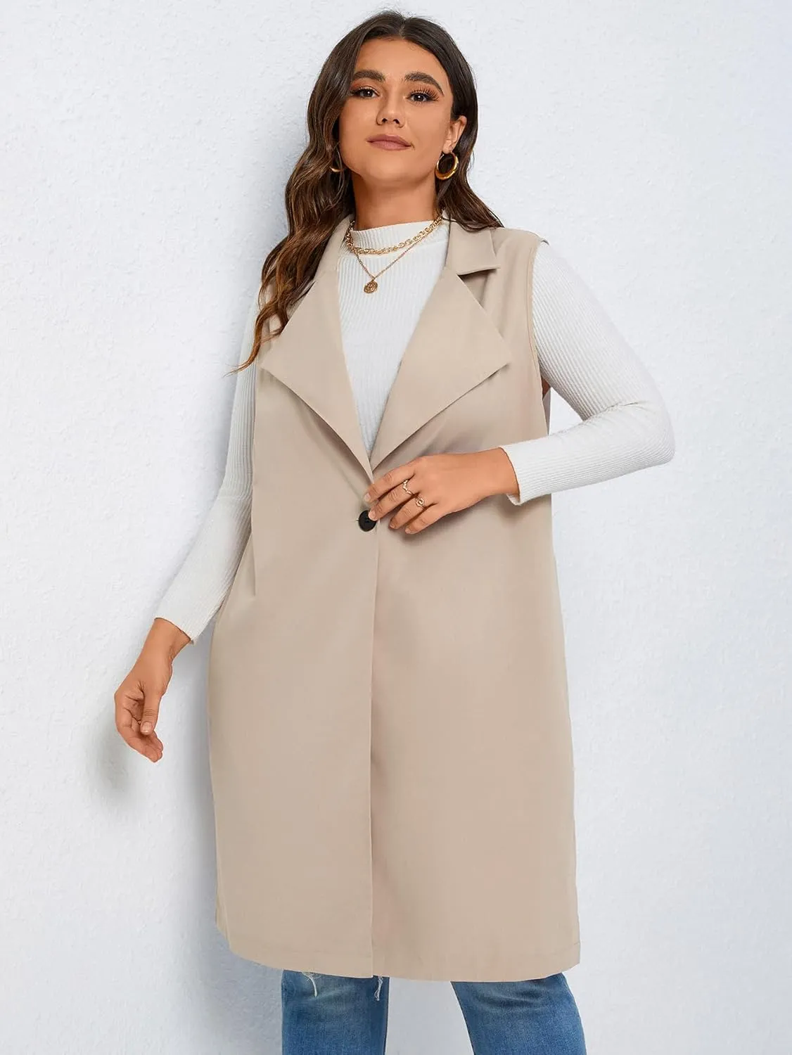 WDIRARA Women's Plus Size Single Button Vest Coat Lapel Neck Sleeveless Elegant Outerwear Coats
