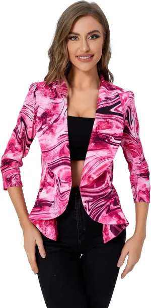 WDIRARA Women's Printed Open Front 3/4 Sleeve Blazer Ruffle Jacket Outerwear