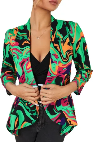 WDIRARA Women's Printed Open Front 3/4 Sleeve Blazer Ruffle Jacket Outerwear