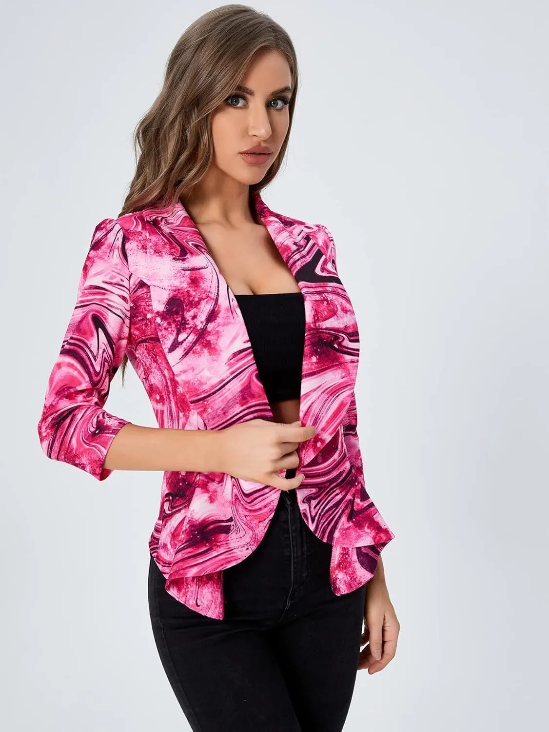 WDIRARA Women's Printed Open Front 3/4 Sleeve Blazer Ruffle Jacket Outerwear