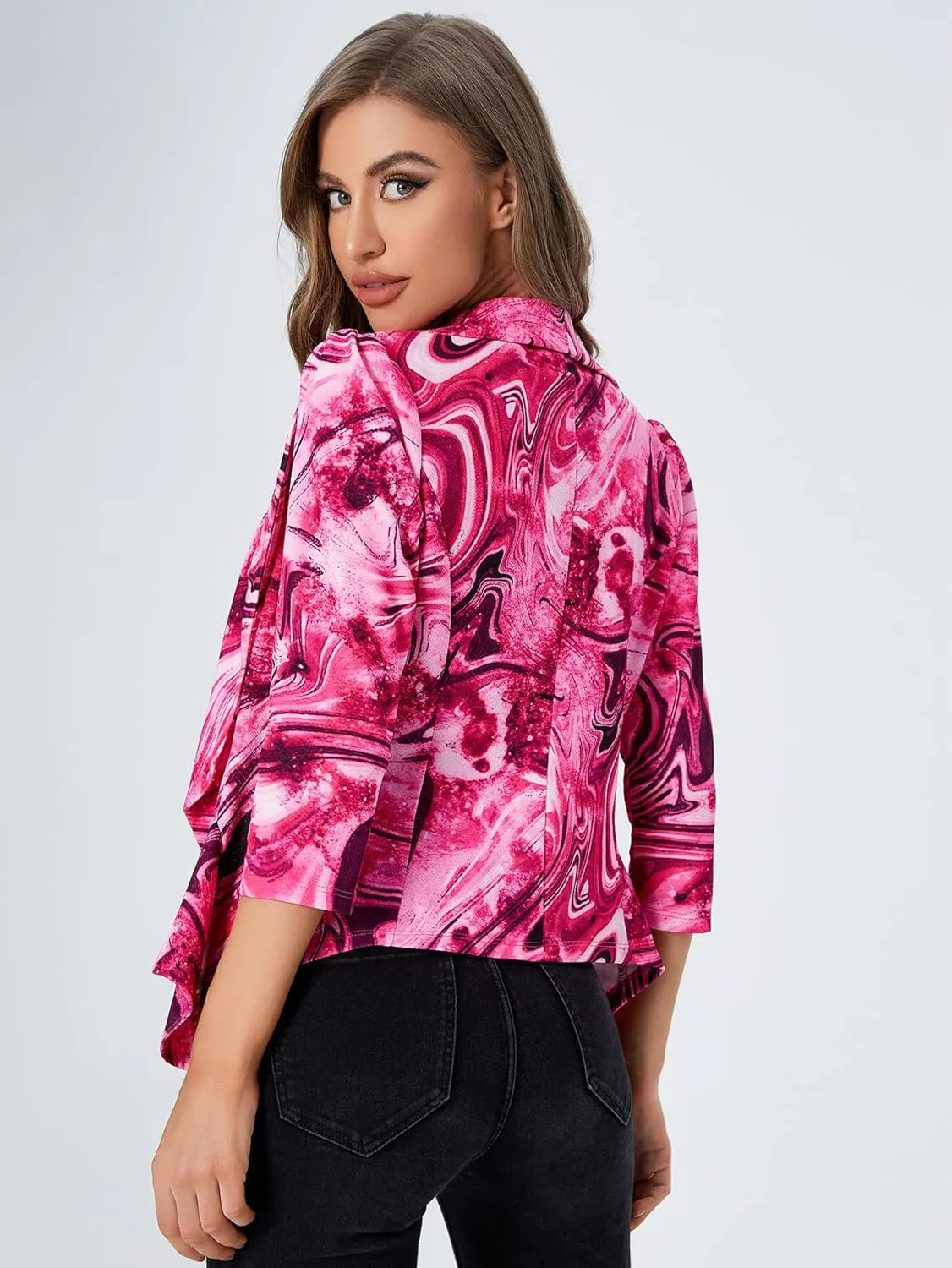 WDIRARA Women's Printed Open Front 3/4 Sleeve Blazer Ruffle Jacket Outerwear