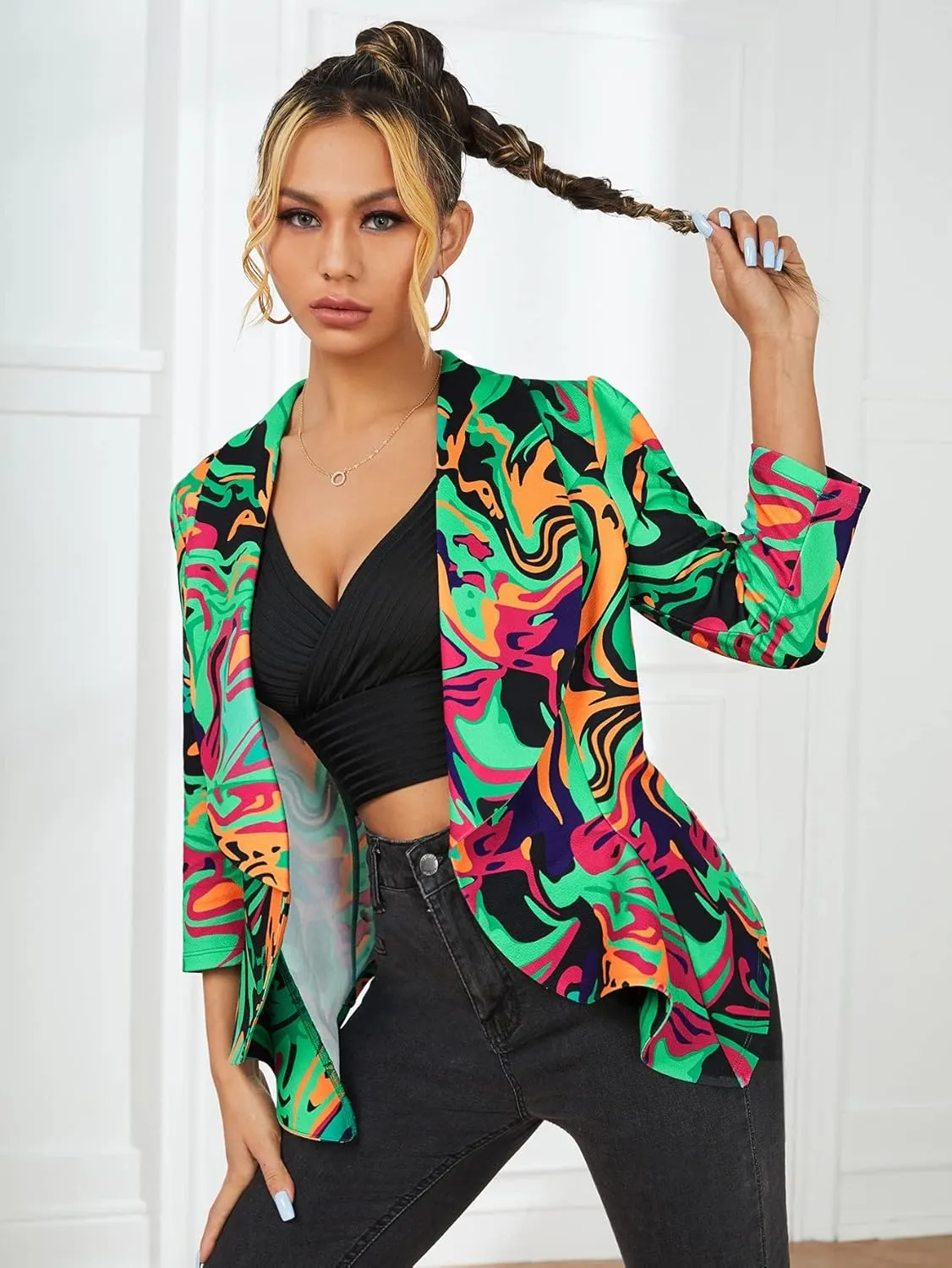 WDIRARA Women's Printed Open Front 3/4 Sleeve Blazer Ruffle Jacket Outerwear