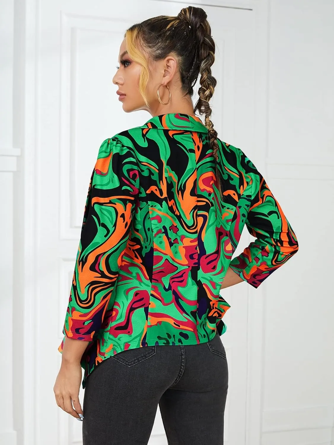 WDIRARA Women's Printed Open Front 3/4 Sleeve Blazer Ruffle Jacket Outerwear