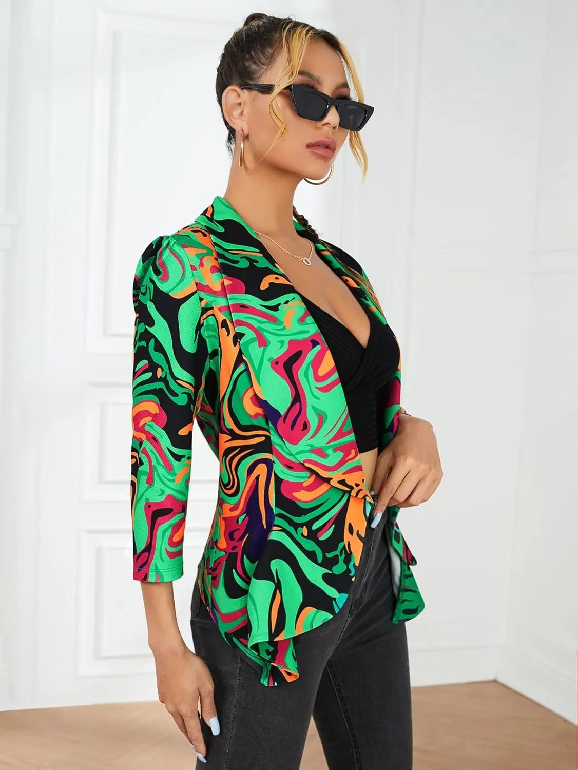 WDIRARA Women's Printed Open Front 3/4 Sleeve Blazer Ruffle Jacket Outerwear