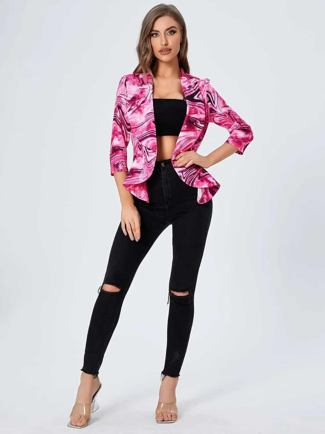 WDIRARA Women's Printed Open Front 3/4 Sleeve Blazer Ruffle Jacket Outerwear