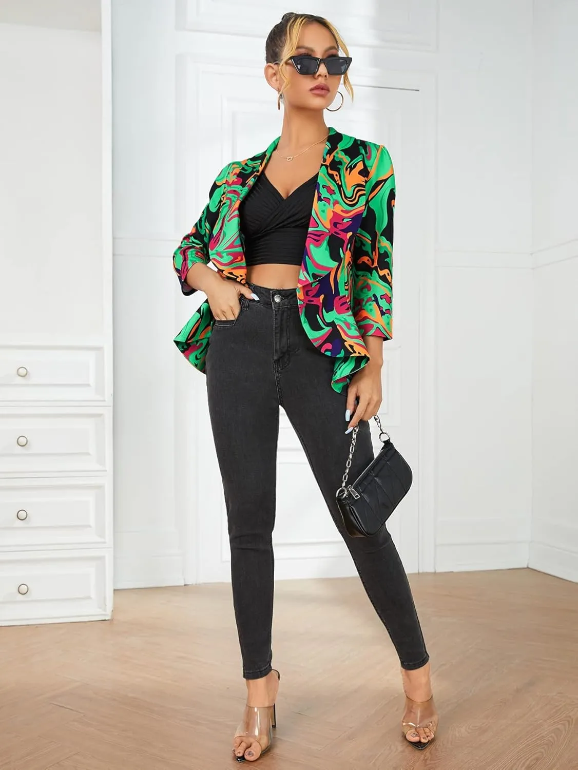 WDIRARA Women's Printed Open Front 3/4 Sleeve Blazer Ruffle Jacket Outerwear