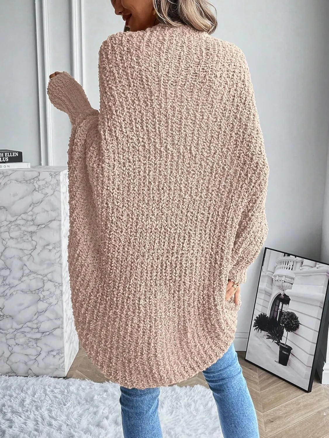 WDIRARA Women's Textured Open Front Long Sleeve Cardigan V Neck High Low Hem Loose Fit Casual Cardigan Sweaters