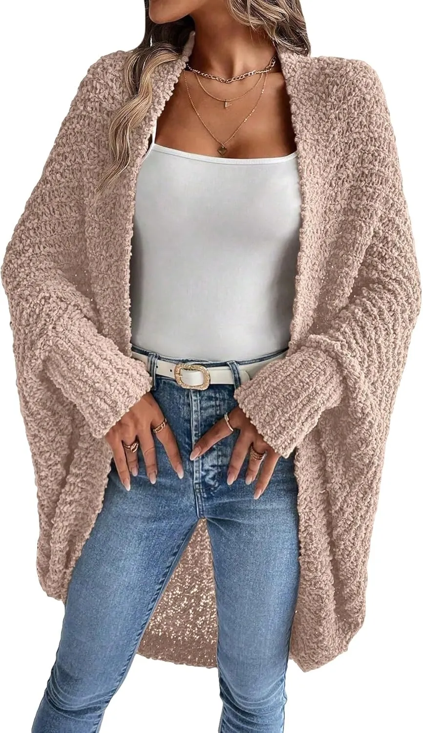 WDIRARA Women's Textured Open Front Long Sleeve Cardigan V Neck High Low Hem Loose Fit Casual Cardigan Sweaters