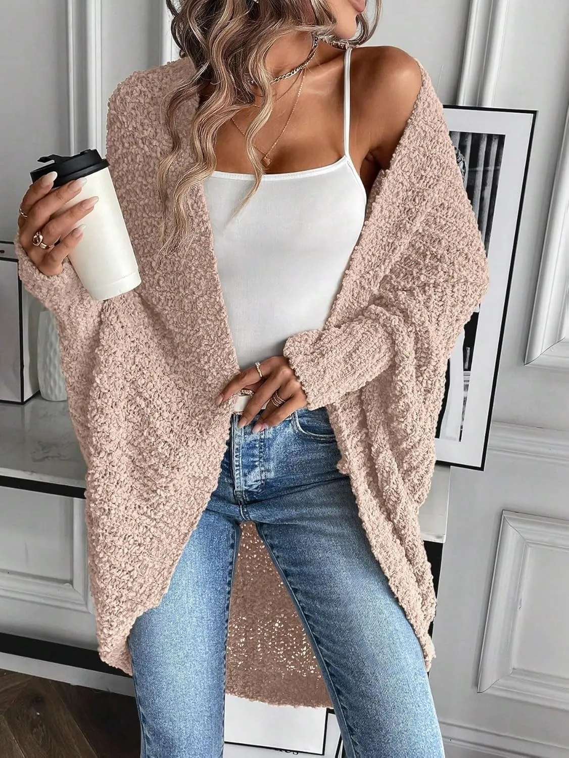 WDIRARA Women's Textured Open Front Long Sleeve Cardigan V Neck High Low Hem Loose Fit Casual Cardigan Sweaters