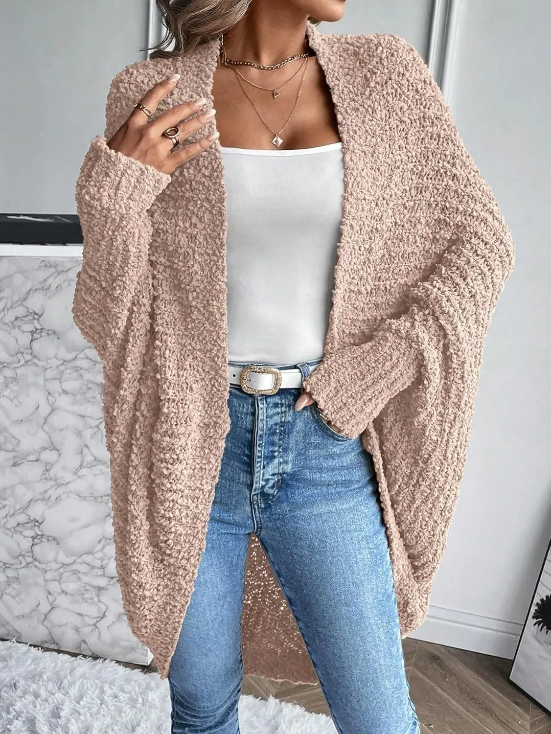 WDIRARA Women's Textured Open Front Long Sleeve Cardigan V Neck High Low Hem Loose Fit Casual Cardigan Sweaters