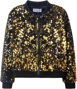WELAKEN Girls' Ombre Sequin Bomber Jacket with Pockets Lightweight Sparkle Long Sleeve Zipper Gradient Jackets for Kid