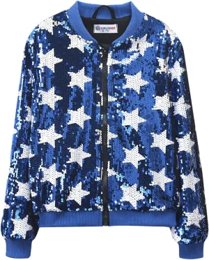WELAKEN Girls' Ombre Sequin Bomber Jacket with Pockets Lightweight Sparkle Long Sleeve Zipper Gradient Jackets for Kid