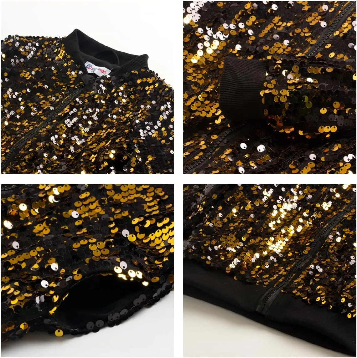 WELAKEN Girls' Ombre Sequin Bomber Jacket with Pockets Lightweight Sparkle Long Sleeve Zipper Gradient Jackets for Kid