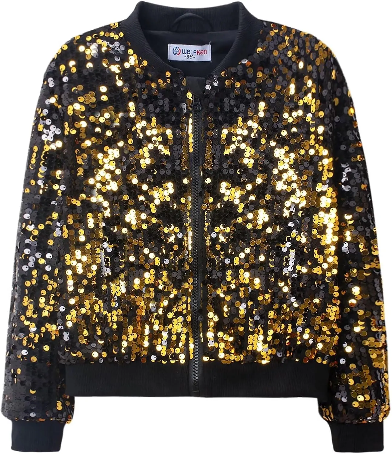 WELAKEN Girls' Ombre Sequin Bomber Jacket with Pockets Lightweight Sparkle Long Sleeve Zipper Gradient Jackets for Kid