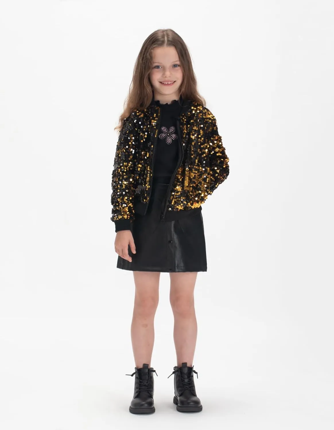 WELAKEN Girls' Ombre Sequin Bomber Jacket with Pockets Lightweight Sparkle Long Sleeve Zipper Gradient Jackets for Kid