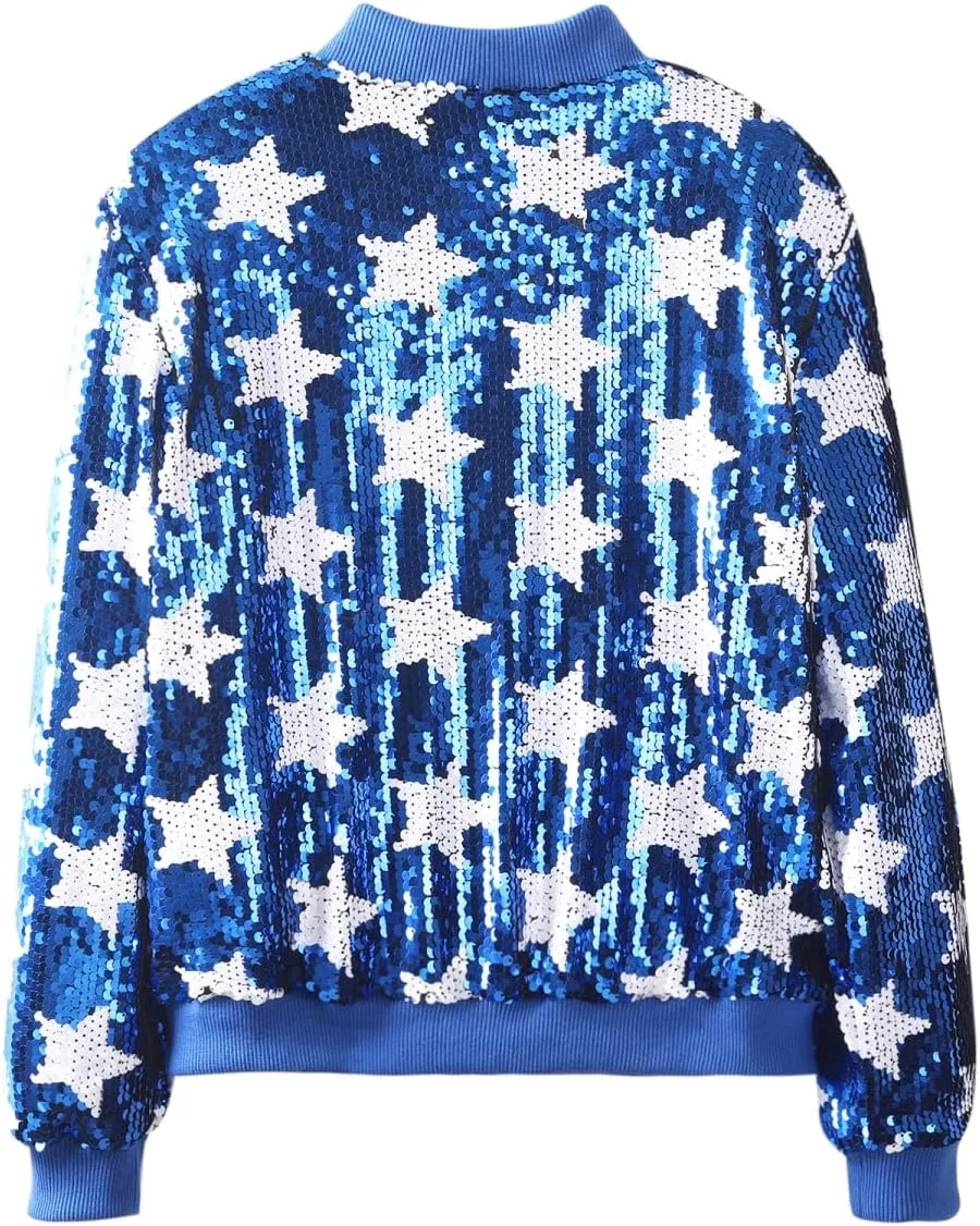 WELAKEN Girls' Ombre Sequin Bomber Jacket with Pockets Lightweight Sparkle Long Sleeve Zipper Gradient Jackets for Kid