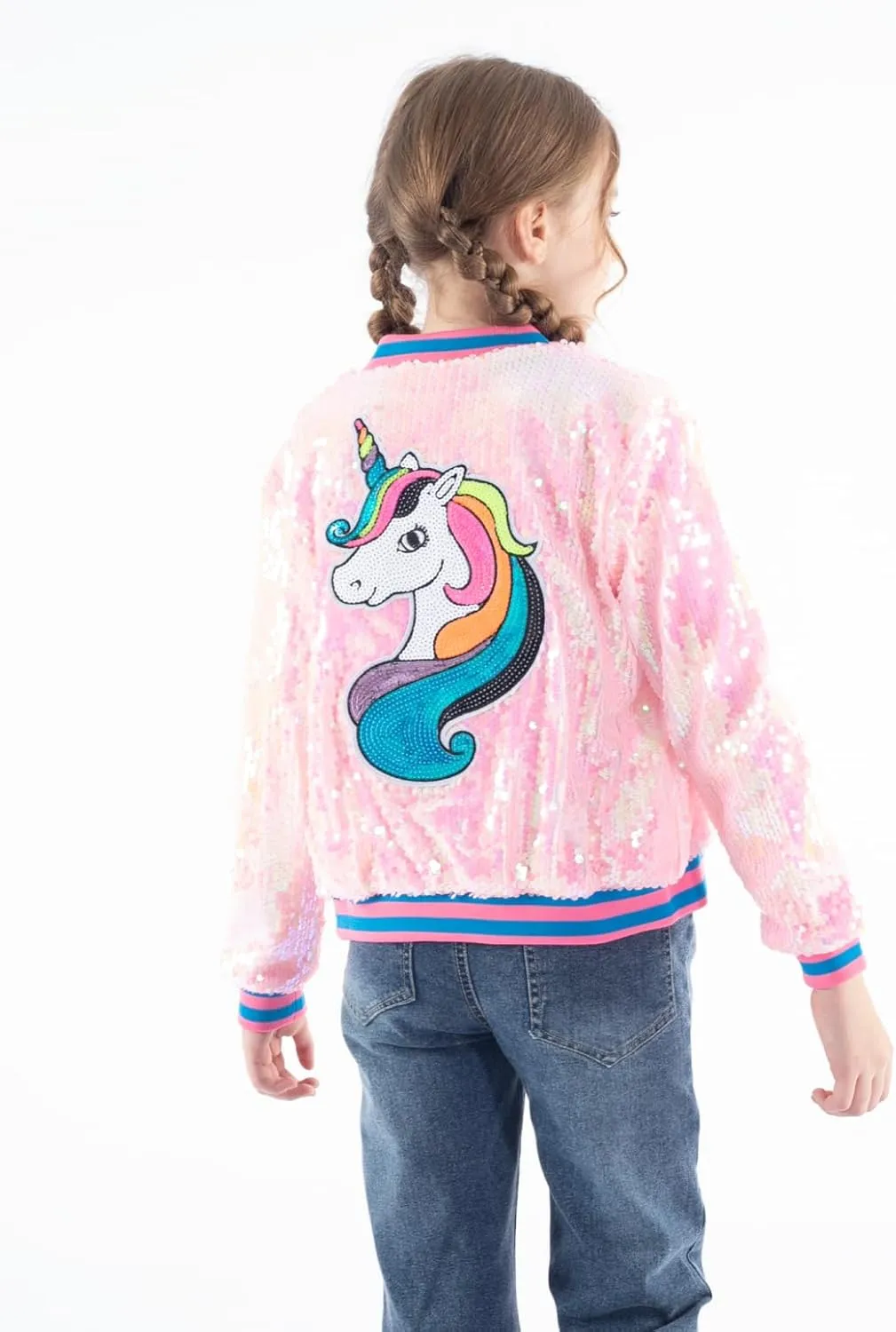 WELAKEN Unicorn Sequin Jacket for Girls Kids Toddler Sparkle Zipper Bomber Jacket with Pockets
