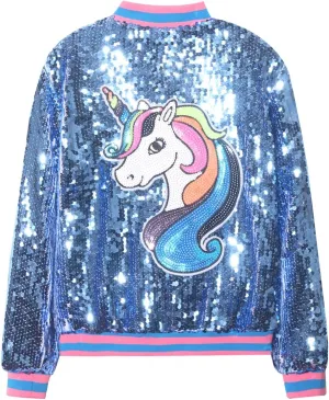 WELAKEN Unicorn Sequin Jacket for Girls Kids Toddler Sparkle Zipper Bomber Jacket with Pockets