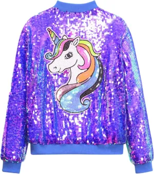 WELAKEN Unicorn Sequin Jacket for Girls Kids Toddler Sparkle Zipper Bomber Jacket with Pockets