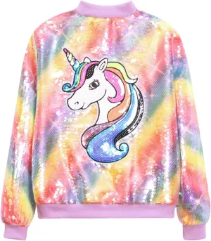 WELAKEN Unicorn Sequin Jacket for Girls Kids Toddler Sparkle Zipper Bomber Jacket with Pockets