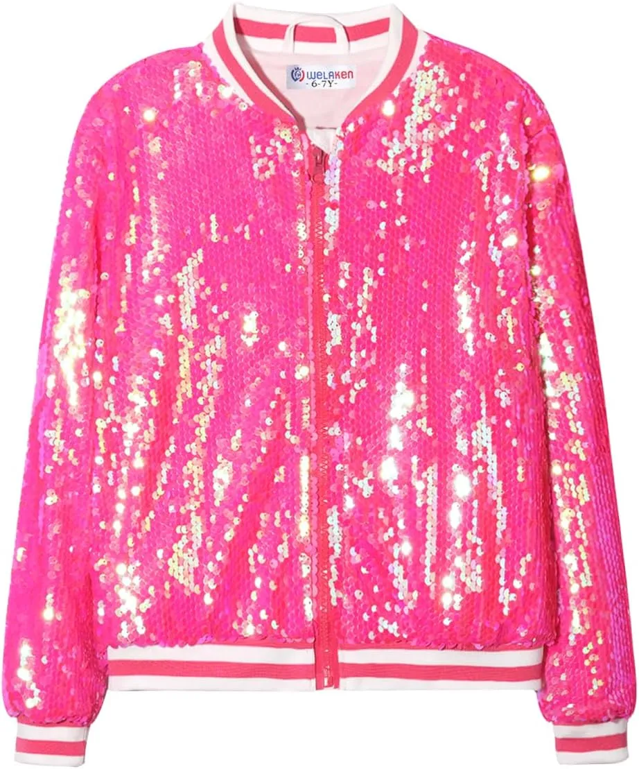WELAKEN Unicorn Sequin Jacket for Girls Kids Toddler Sparkle Zipper Bomber Jacket with Pockets