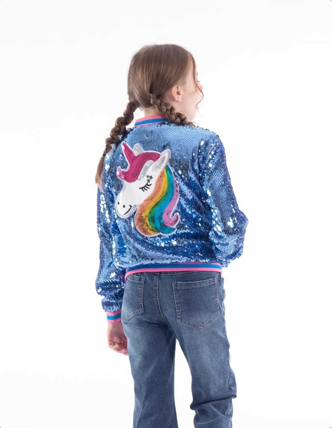 WELAKEN Unicorn Sequin Jacket for Girls Kids Toddler Sparkle Zipper Bomber Jacket with Pockets