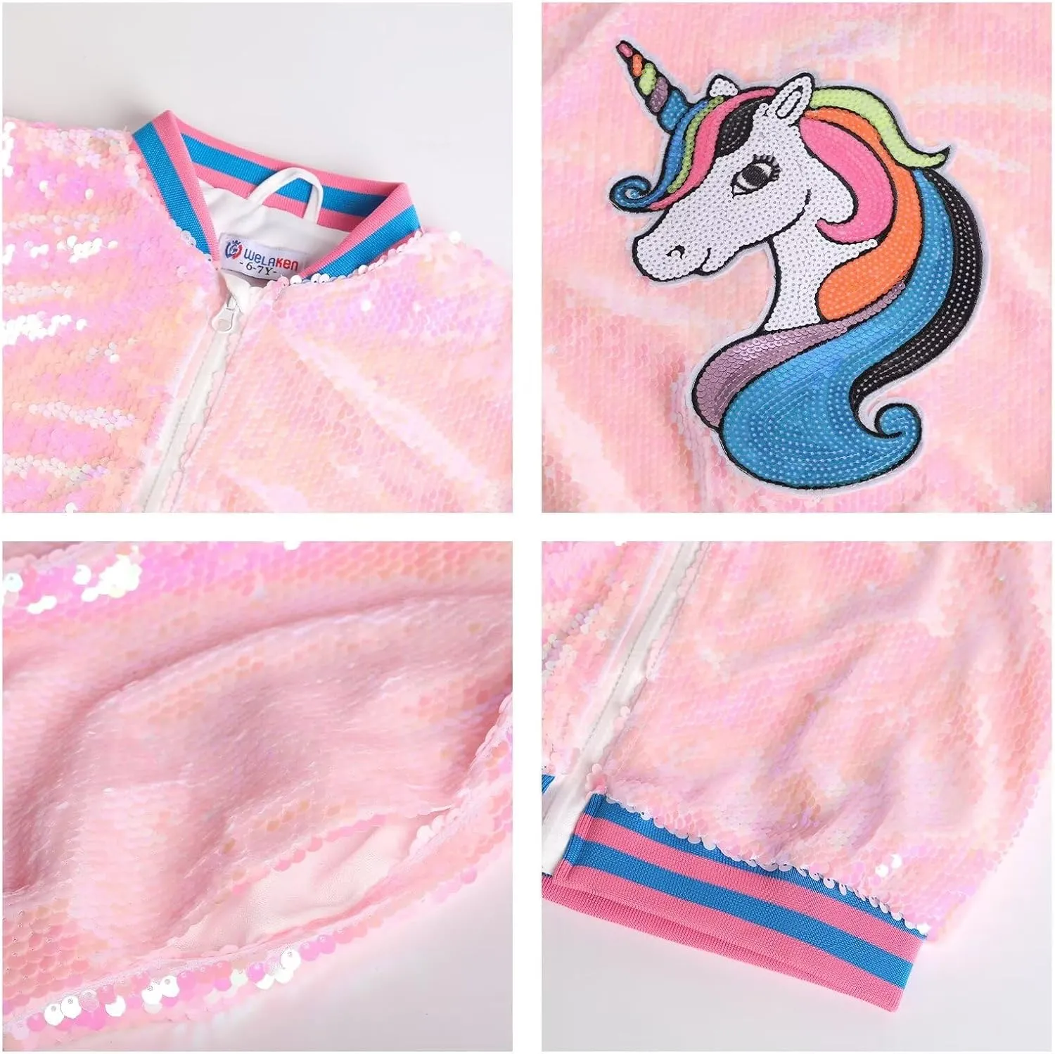 WELAKEN Unicorn Sequin Jacket for Girls Kids Toddler Sparkle Zipper Bomber Jacket with Pockets