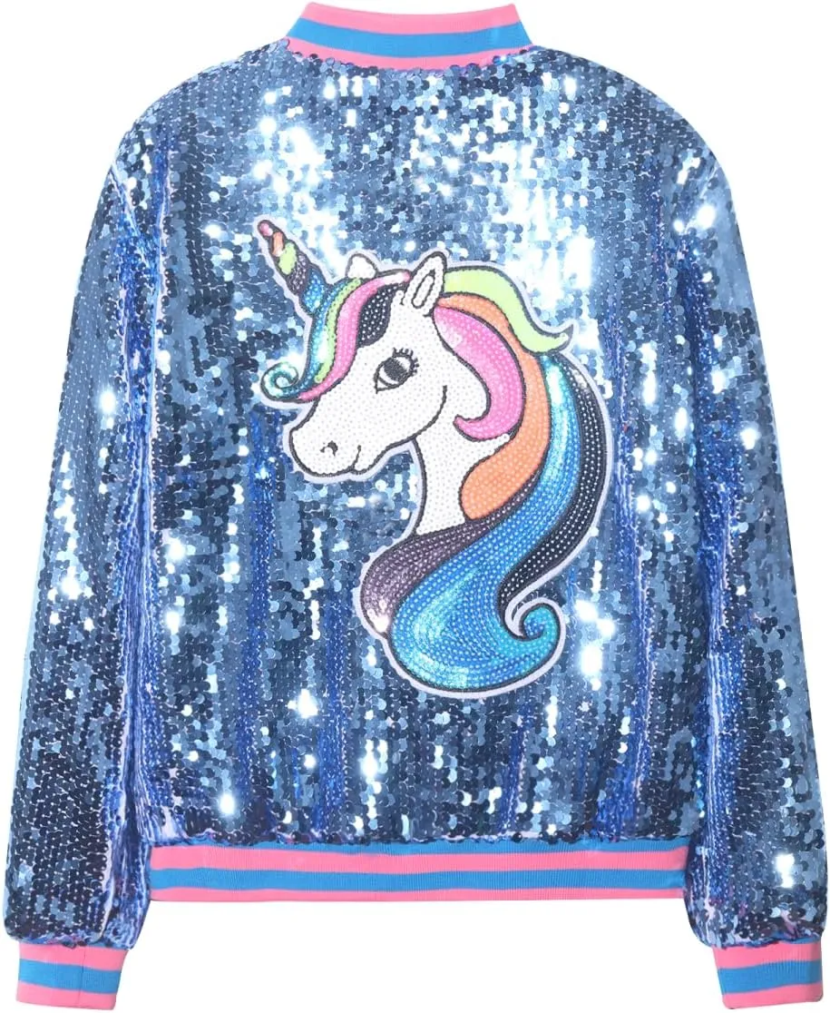 WELAKEN Unicorn Sequin Jacket for Girls Kids Toddler Sparkle Zipper Bomber Jacket with Pockets
