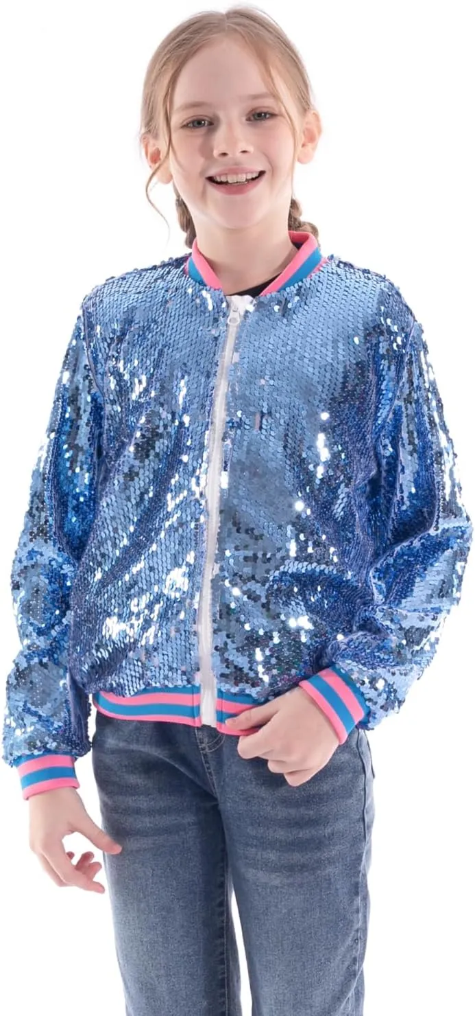 WELAKEN Unicorn Sequin Jacket for Girls Kids Toddler Sparkle Zipper Bomber Jacket with Pockets