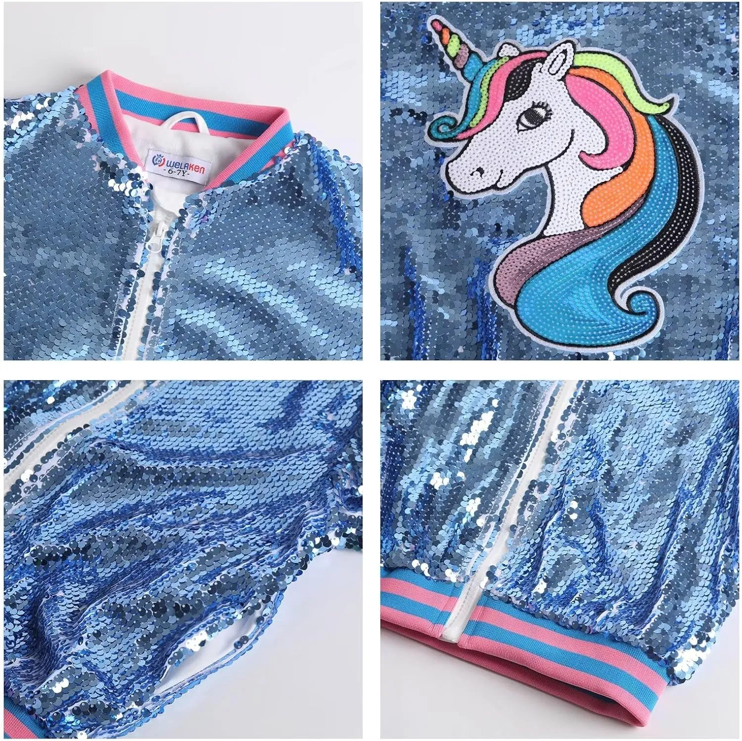 WELAKEN Unicorn Sequin Jacket for Girls Kids Toddler Sparkle Zipper Bomber Jacket with Pockets