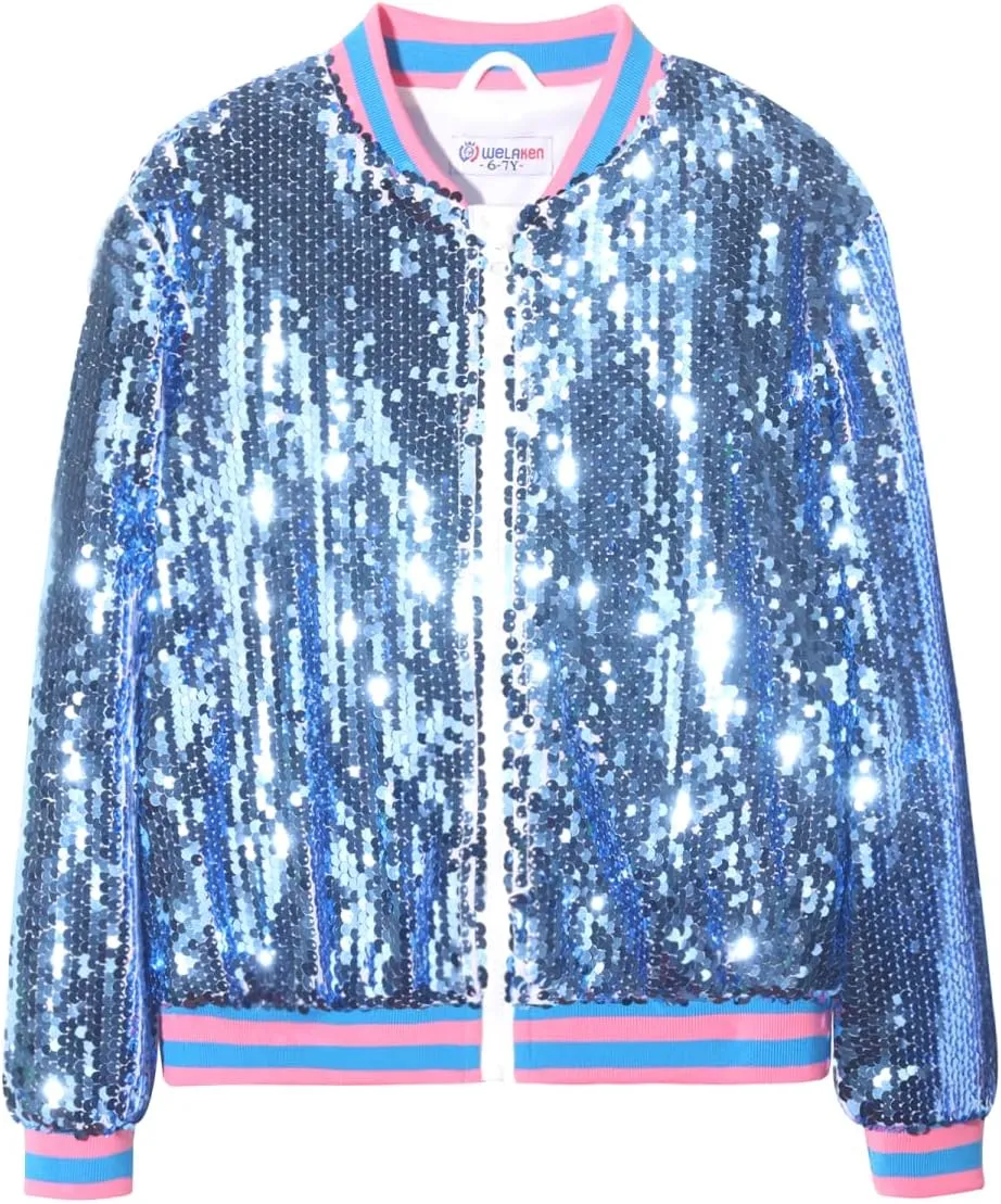 WELAKEN Unicorn Sequin Jacket for Girls Kids Toddler Sparkle Zipper Bomber Jacket with Pockets