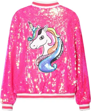 WELAKEN Unicorn Sequin Jacket for Girls Kids Toddler Sparkle Zipper Bomber Jacket with Pockets