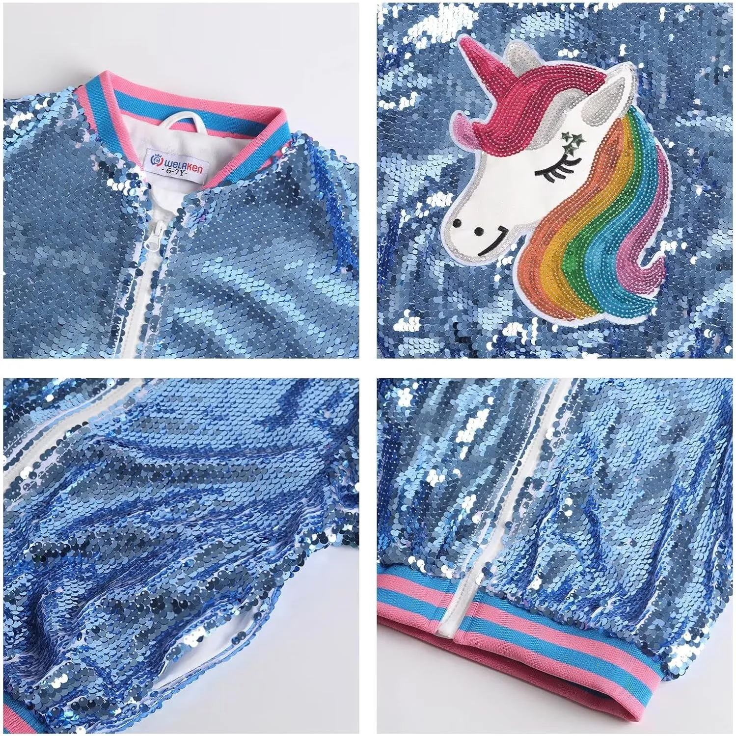 WELAKEN Unicorn Sequin Jacket for Girls Kids Toddler Sparkle Zipper Bomber Jacket with Pockets