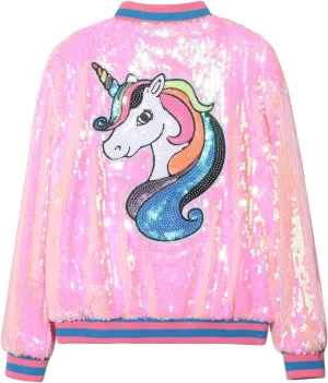 WELAKEN Unicorn Sequin Jacket for Girls Kids Toddler Sparkle Zipper Bomber Jacket with Pockets