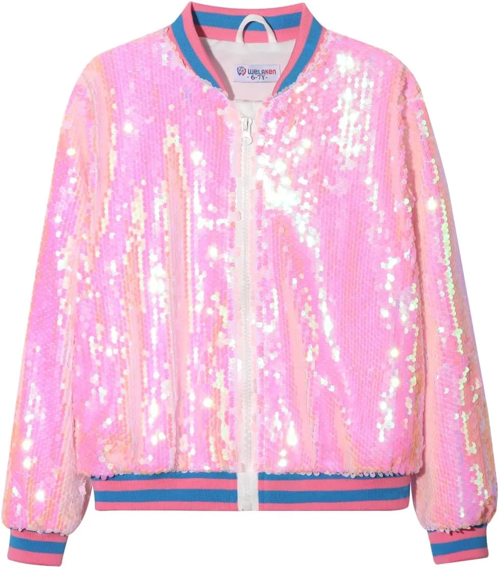 WELAKEN Unicorn Sequin Jacket for Girls Kids Toddler Sparkle Zipper Bomber Jacket with Pockets