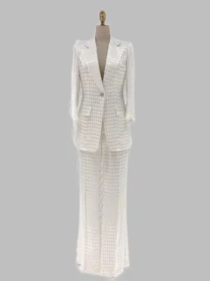 White Plaid Pant Suit, Thin Flared Trouser Suit