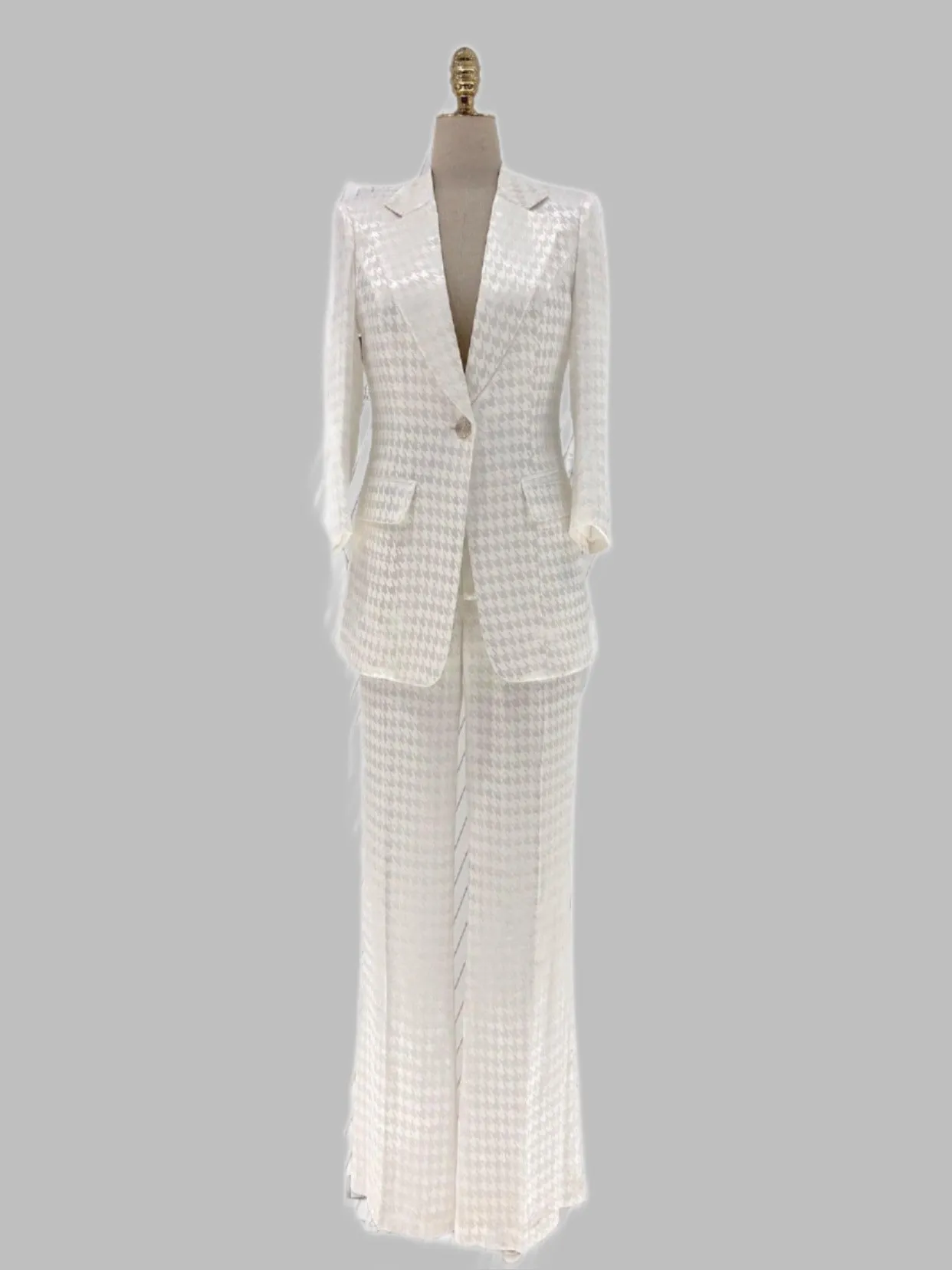 White Plaid Pant Suit, Thin Flared Trouser Suit